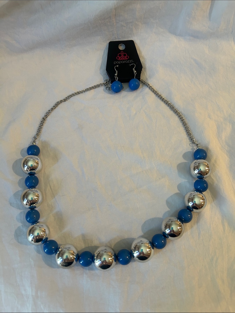 paparazzi Silver and Blue Statement Bead Necklace with Matching Earrings